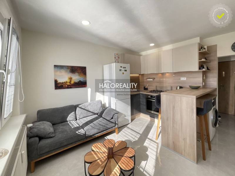 Obývací část 1-pokojového bytu s kuchyní a sedačkou, podlaha s dřevěným dekorem.