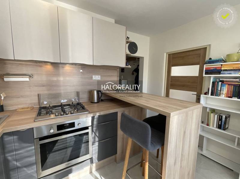 Kuchyně v 1-pokojovém bytě s kuchyňským pultem a spotřebiči.