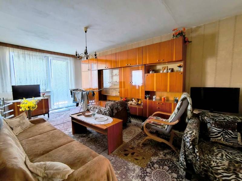 Obývací pokoj v 3pokojovém bytě s rustikálním nábytkem a výrazným kobercem.