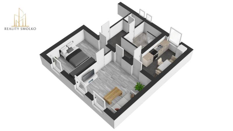 Obývací pokoj a kuchyň v 2pokojovém bytě s podlahou s dřevěným dekorem.