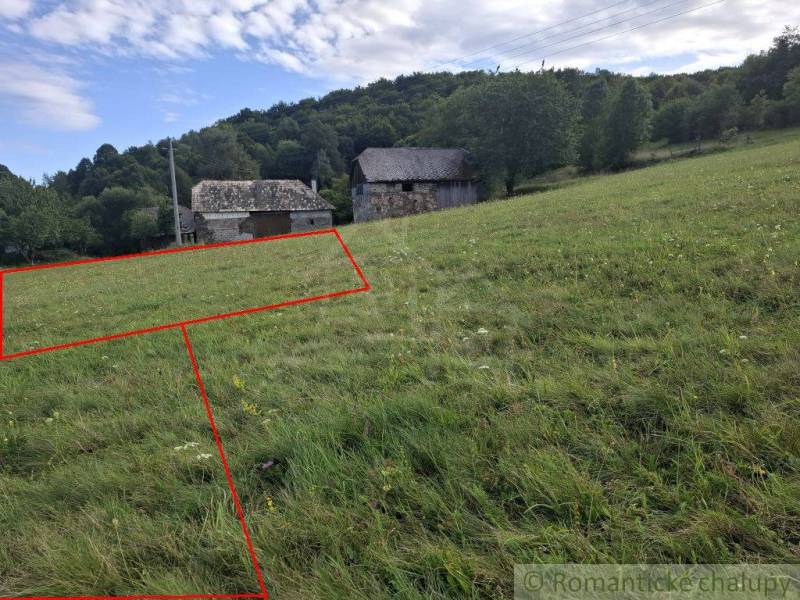 Pozemky - bydlení, Horní Tisovník. Travnatá plocha s venkovskou budovou a zalesněným kopcem v pozadí.