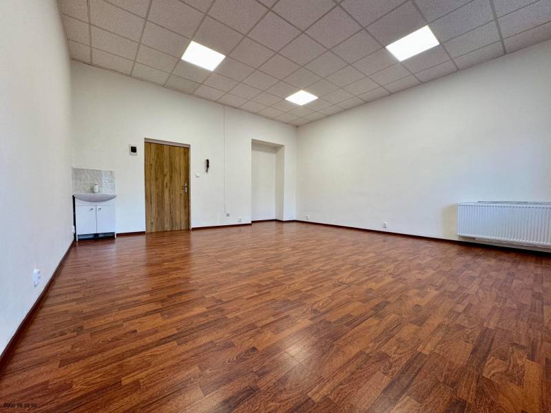 Kancelář s umyvadlem a podlahou s dřevěným dekorem.