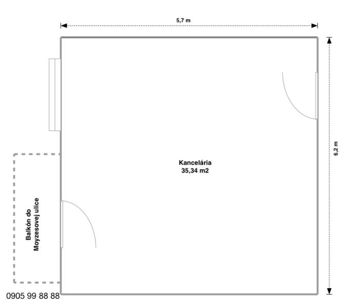 Půdorys kanceláře 35,34 m² s balkonem do Moyzesovy ulice, městská část Staré Město, Košice.