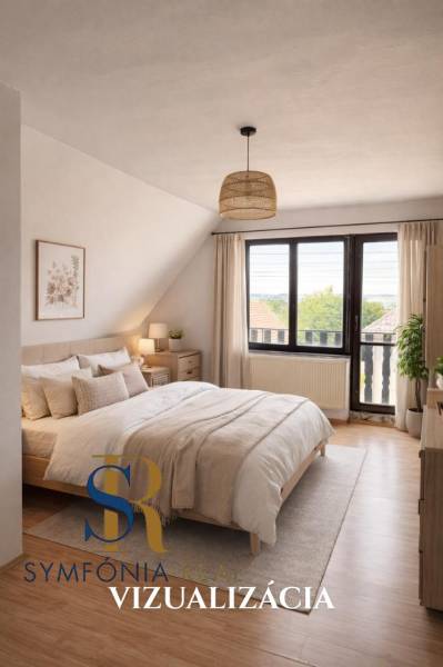 Světlá ložnice s podlahou s dřevěným dekorem v rodinném domě plná elegantních detailů.