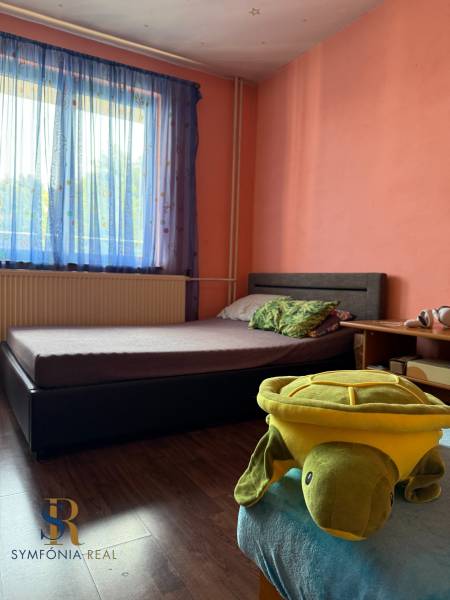 Pokoj v rodinném domě s postelí, hračkou a podlahou s dřevěným dekorem.
