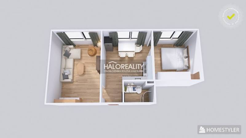 Půdorys 2-pokojového bytu s podlahou s dřevěným dekorem, pracovní a obývací prostor.