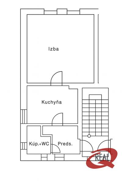 Půdorys 1-pokojového bytu zahrnuje pokoj, kuchyň, předsíň a koupelnu s WC.