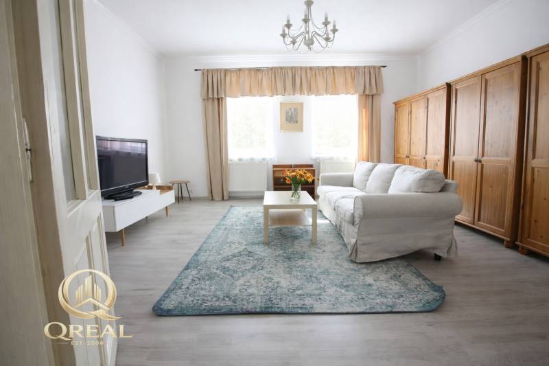 Obývací pokoj v jednopokojovém bytě s pohovkou, televizí a podlahou s dřevěným dekorem.