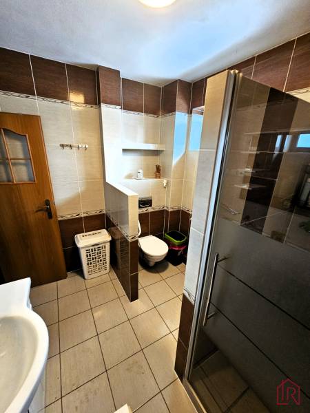 Koupelna v rodinném domě s dlažbou, sprchou a toaletou.