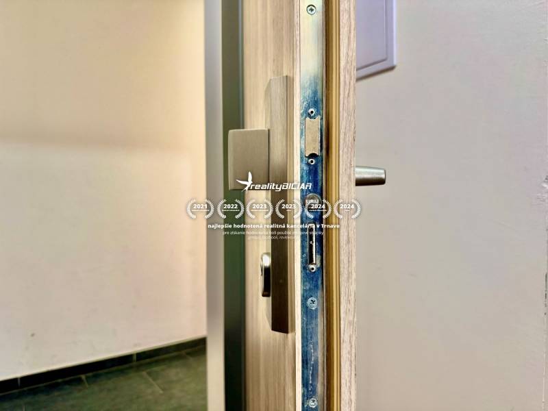 Detailní záběr na otevřené dveře s kováním v 2-pokojovém bytě.