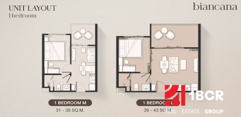 Půdorysy 2pokojového bytu s rozměry 31-43 m², včetně obývacího pokoje a kuchyně.