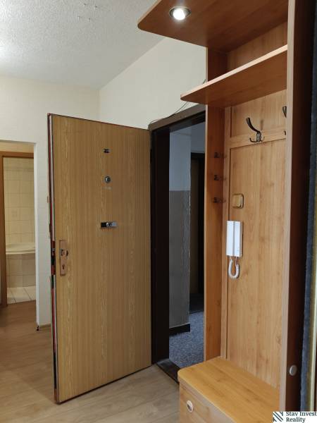 Vstupní hala ve 3-pokojovém bytě s podlahou s dřevěným dekorem a věšákovou stěnou.
