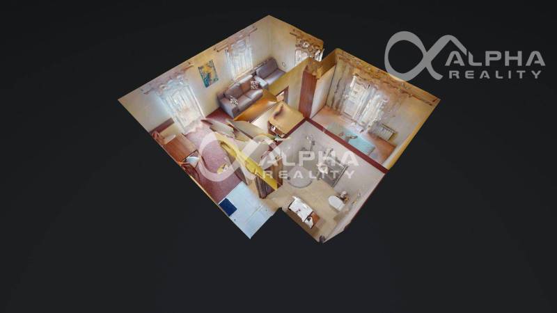 3D půdorys 2pokojového bytu s nábytkem a koupelnou s toaletou.