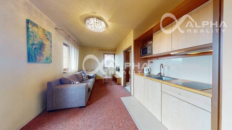 Obývací část 2-pokojového bytu s kuchyňskou linkou, pohovkou a dekorativním osvětlením.