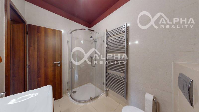 Koupelna v 2-pokojovém bytě s toaletou, sprchovým koutem a žebříkovým radiátorem.