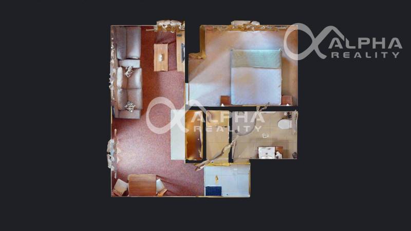 Půdorys 2-pokojového bytu s obývacím pokojem, ložnicí a koupelnou.