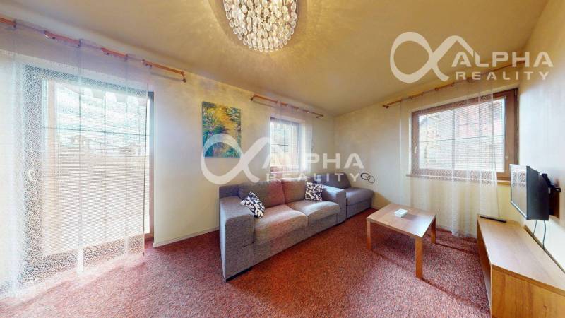 Obývací pokoj v 2-pokojovém bytě s pohovkou, kobercem a stropním světlem.