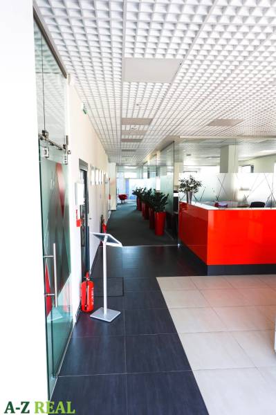 Chodba v kancelářích s červenou recepcí, rostliny v červených květináčích.