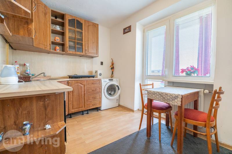 Kuchyně v 1-pokojovém bytě s dřevěným dekorem a pračkou.