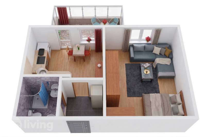 Interiér 1-pokojového bytu s otevřenou kuchyní, obývacím pokojem, ložnicí a balkonem.