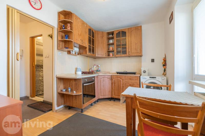 Kuchyně s rohovou linkou v 1-pokojovém bytě, podlaha s dřevěným dekorem, jídelní stůl.