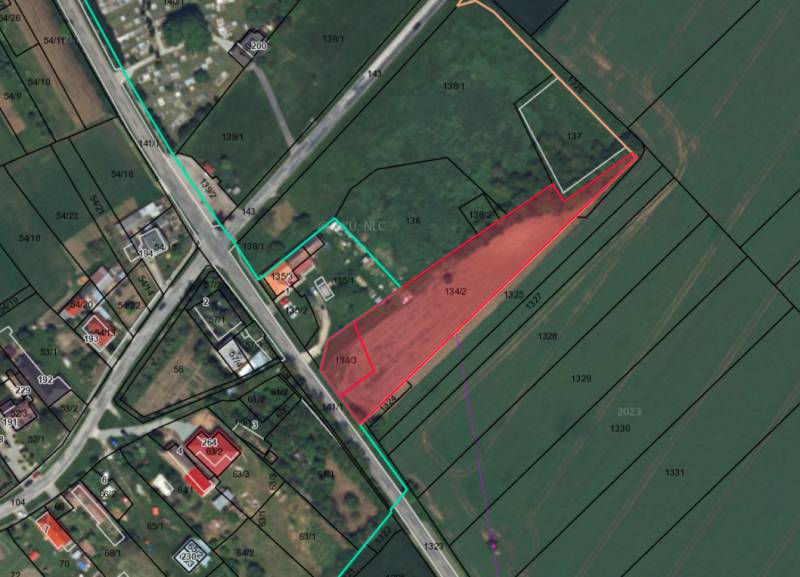 Mapa katastrálních území s vyznačenými parcelami v Zahradách, Ondřejovce.