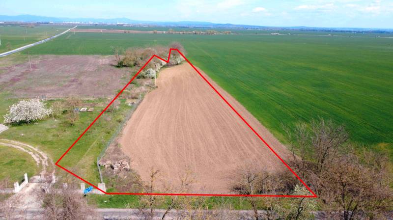 Pole v Ondřejovcích v Zahradách, ohraničené červenou linií, zeleň kolem.