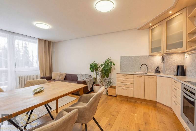 Interiér rekreačního apartmánu s pohovkou, kuchyní a podlahou s dřevěným dekorem.