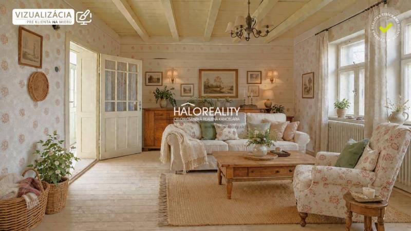 Obývací pokoj v rodinném domě s podlahou s dřevěným dekorem, útulný rustikální interiér.