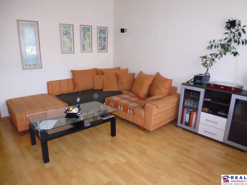 Obývací pokoj v 2pokojovém bytě s pohovkou a stolkem na podlaze s dřevěným dekorem.