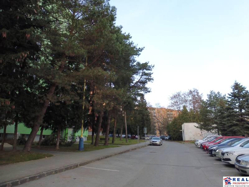 Parkoviště obklopené zelení a auty v lokalitě Prešova.