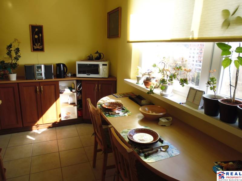 Světlá kuchyně s dřevěným dekorem v 2pokojovém bytě plná rostlin.