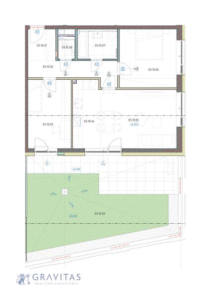 Půdorys zobrazuje rozmístění místností v 3-pokojovém bytě s přidruženou zahradou.