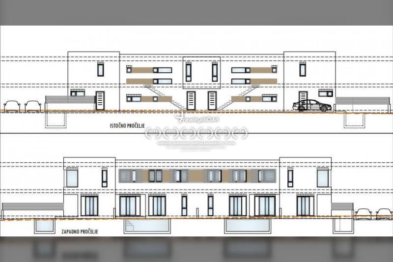 Nákres architektury dvoupodlažního rodinného domu s garáží a moderními prvky fasády.