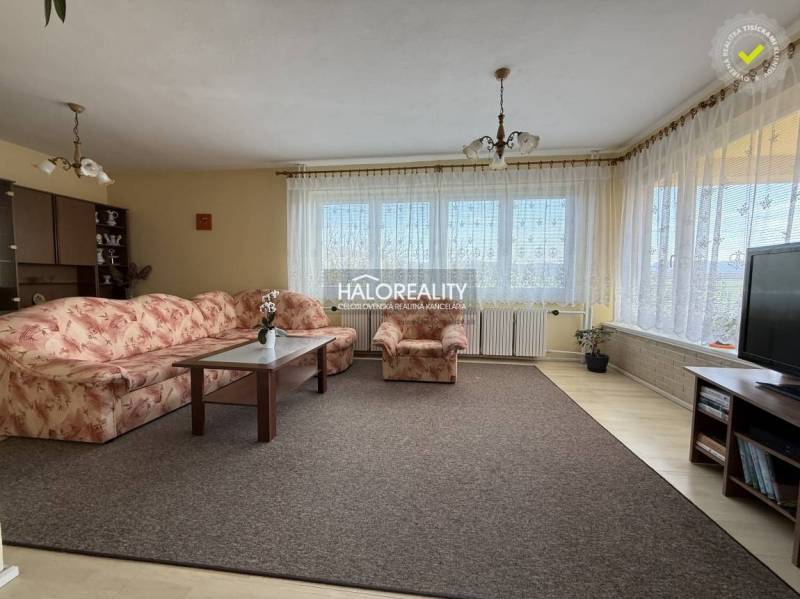 Obývací pokoj s kobercem, květovanou sedačkou a podlahou s dřevěným dekorem v rodinném domě.