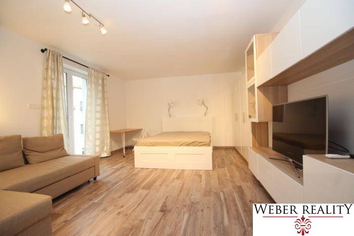 Obývací zóna v 1-pokojovém bytě s postelí a podlahou s dřevěným dekorem.