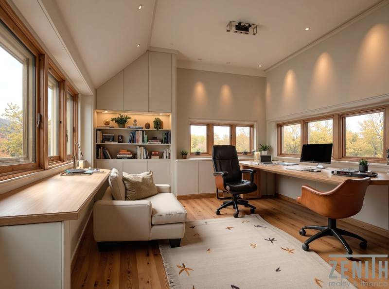 Kancelář s podlahou s dřevěným dekorem, velkými okny, regálem a křesly.