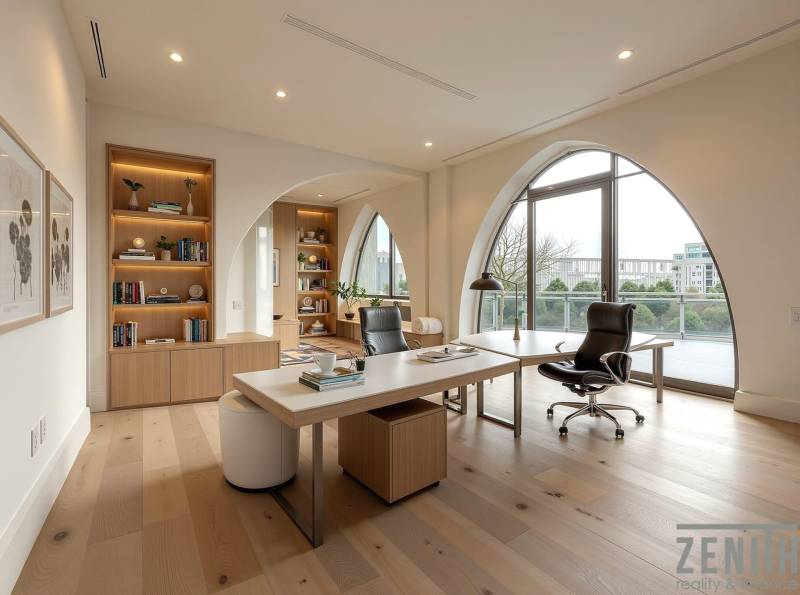 Obchodní prostory s policemi, moderním nábytkem a podlahou s dřevěným dekorem.