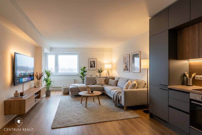 Obývací pokoj v 2pokojovém bytě s podlahou s dřevěným dekorem, šedou pohovkou a TV.