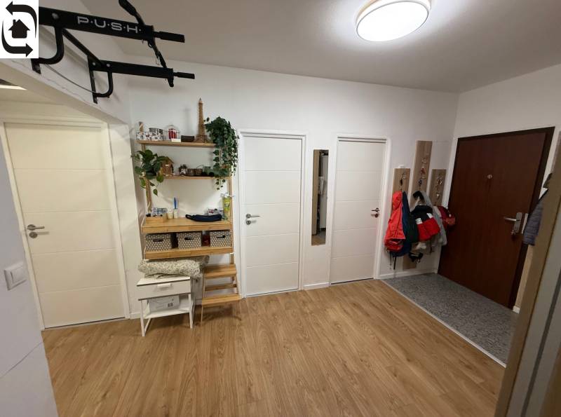 Vstupní hala se čtyřmi dveřmi, podlahou s dřevěným dekorem a věšáky ve 4-pokojovém bytě.