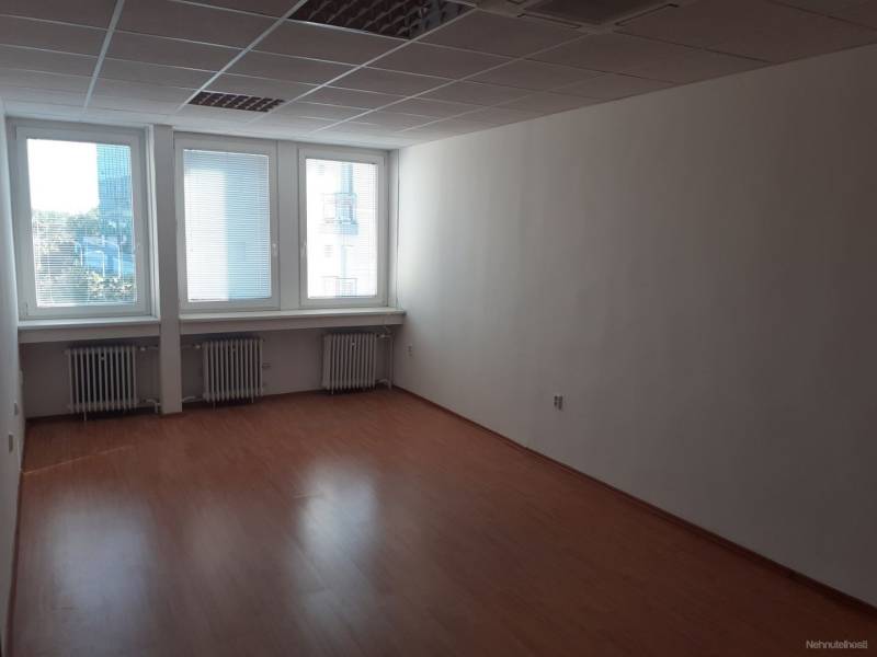 Prázdný kancelářský prostor s podlahou s dřevěným dekorem a velkými okny.