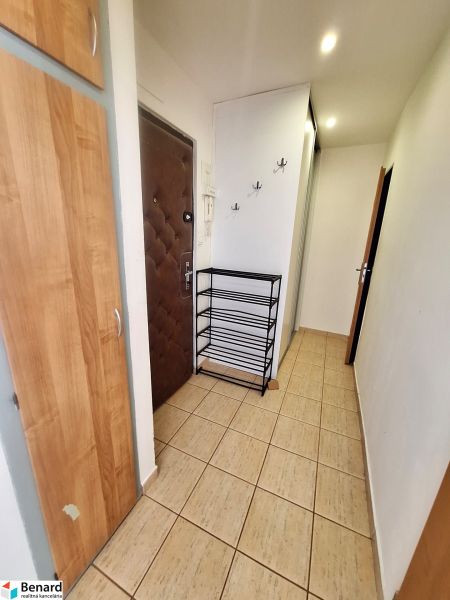 Chodba se skříňkami, věšáky a botníkem v 1-pokojovém bytě s dlažbou.