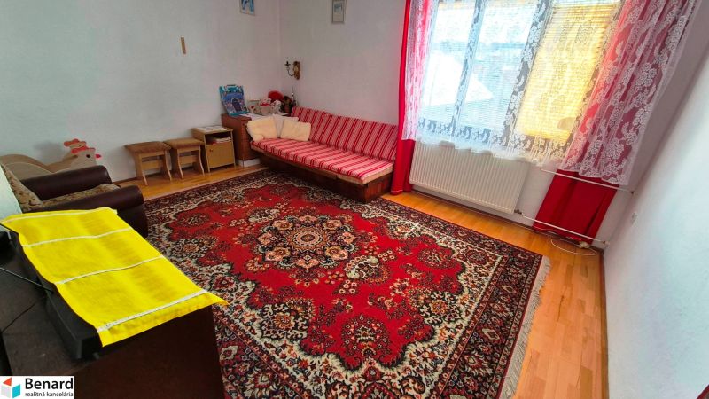Obývací pokoj v rodinném domě s kobercem a podlahou s dřevěným dekorem.