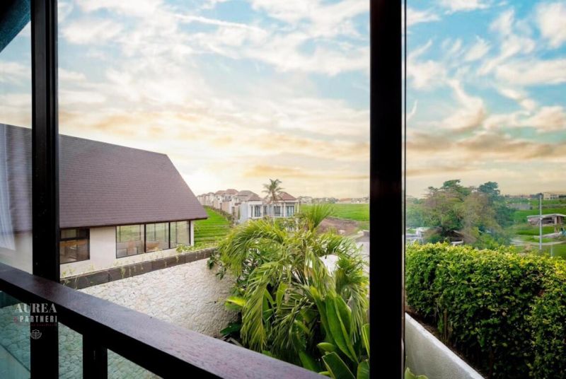 Výhled z vily na Bali s palmami a zelenou krajinou.