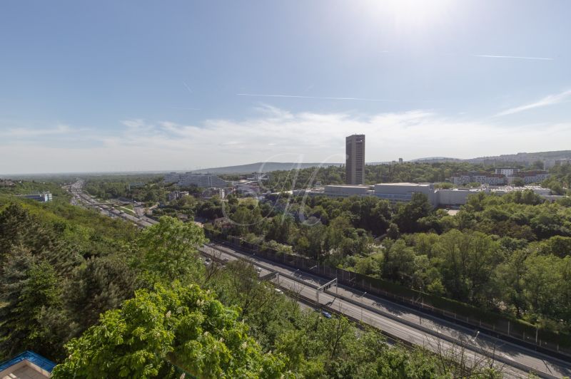 Výhled na zeleň a silniční komunikace ze 4pokojového bytu na Martinengově ulici.