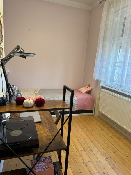 Pokoj v rodinném domě s postelí, regálem a podlahou s dřevěným dekorem.