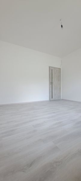 Prázdná místnost s podlahou s dřevěným dekorem a zavřenými dveřmi v rodinném domě.