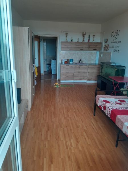 Garsonka s podlahou s dřevěným dekorem, kuchyňskou linkou a akváriem v rohu.