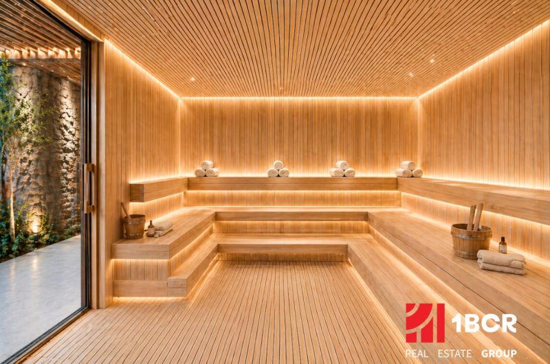 Interiér luxusní sauny s dřevěným dekorem a relaxační atmosférou v rámci výstavby bytů.