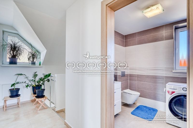 Koupelna v rodinném domě s rostlinami, dlažbou a pračkou, světlé a elegantní prostředí.